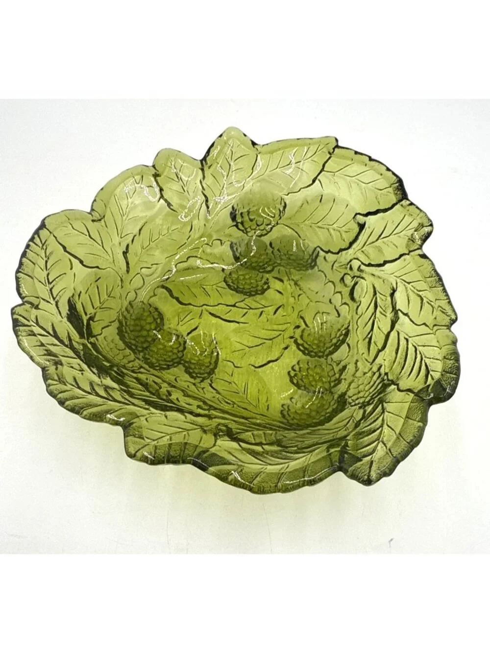 Indiana Glass Vintage Avocado Green Triangular Bowl Dish with Leaves and Berries